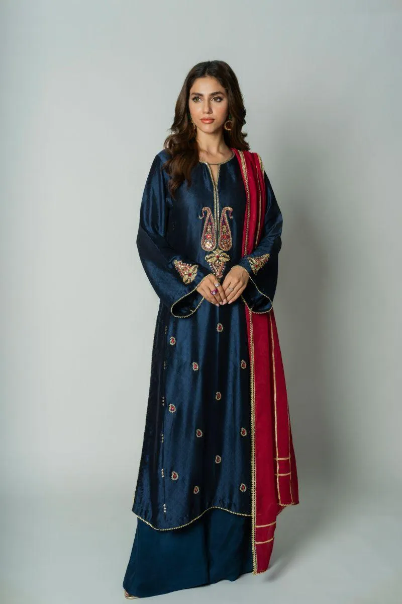 Insia Sohail - Leila - Navy - Embossed Silk