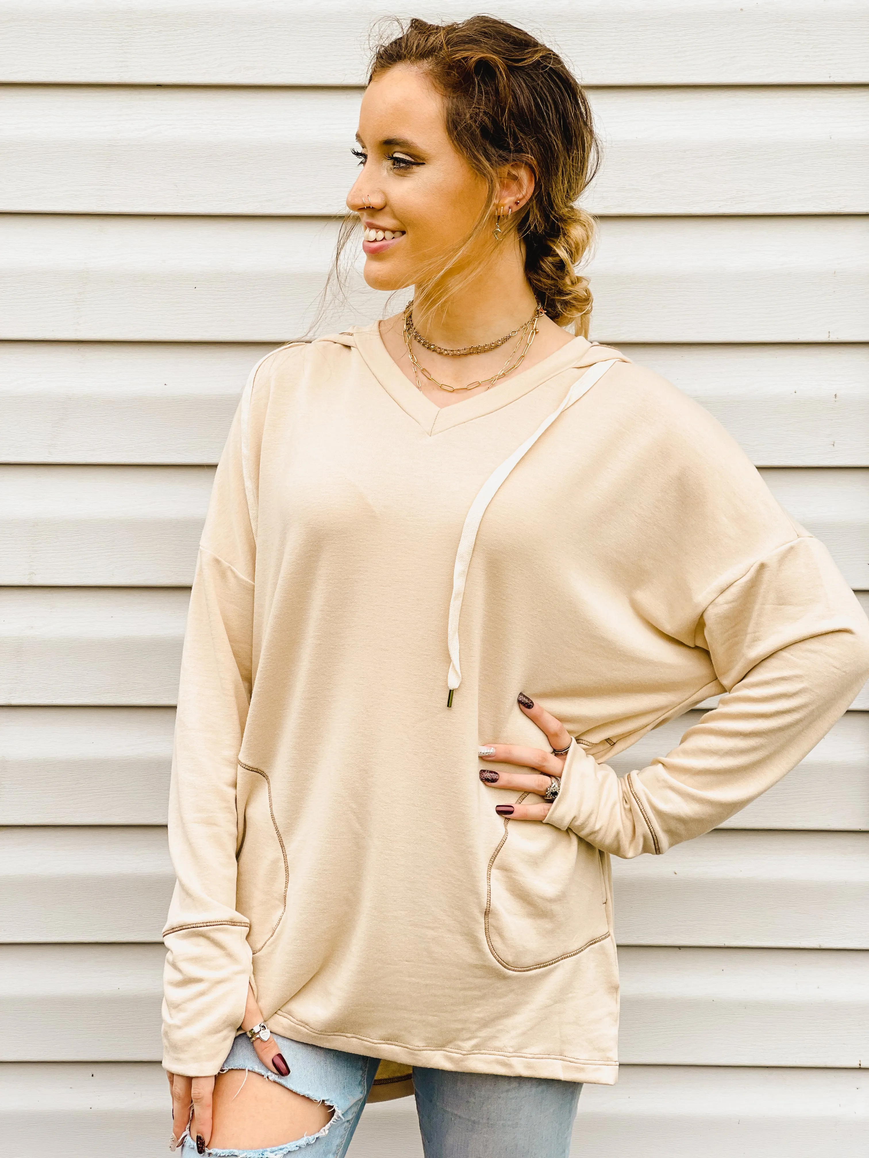 Inside Scoop Taupe Hoodie With Thumb-Holes and Pockets