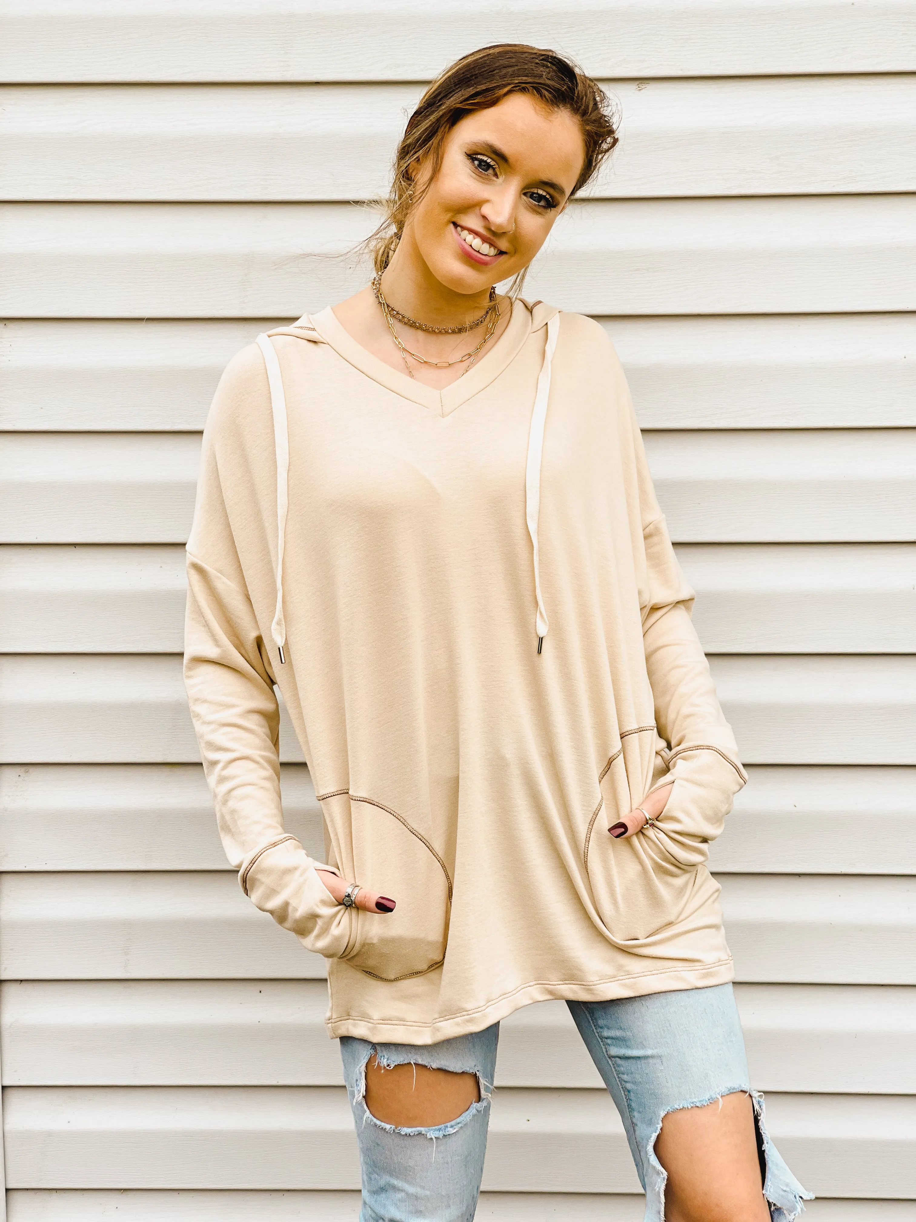 Inside Scoop Taupe Hoodie With Thumb-Holes and Pockets