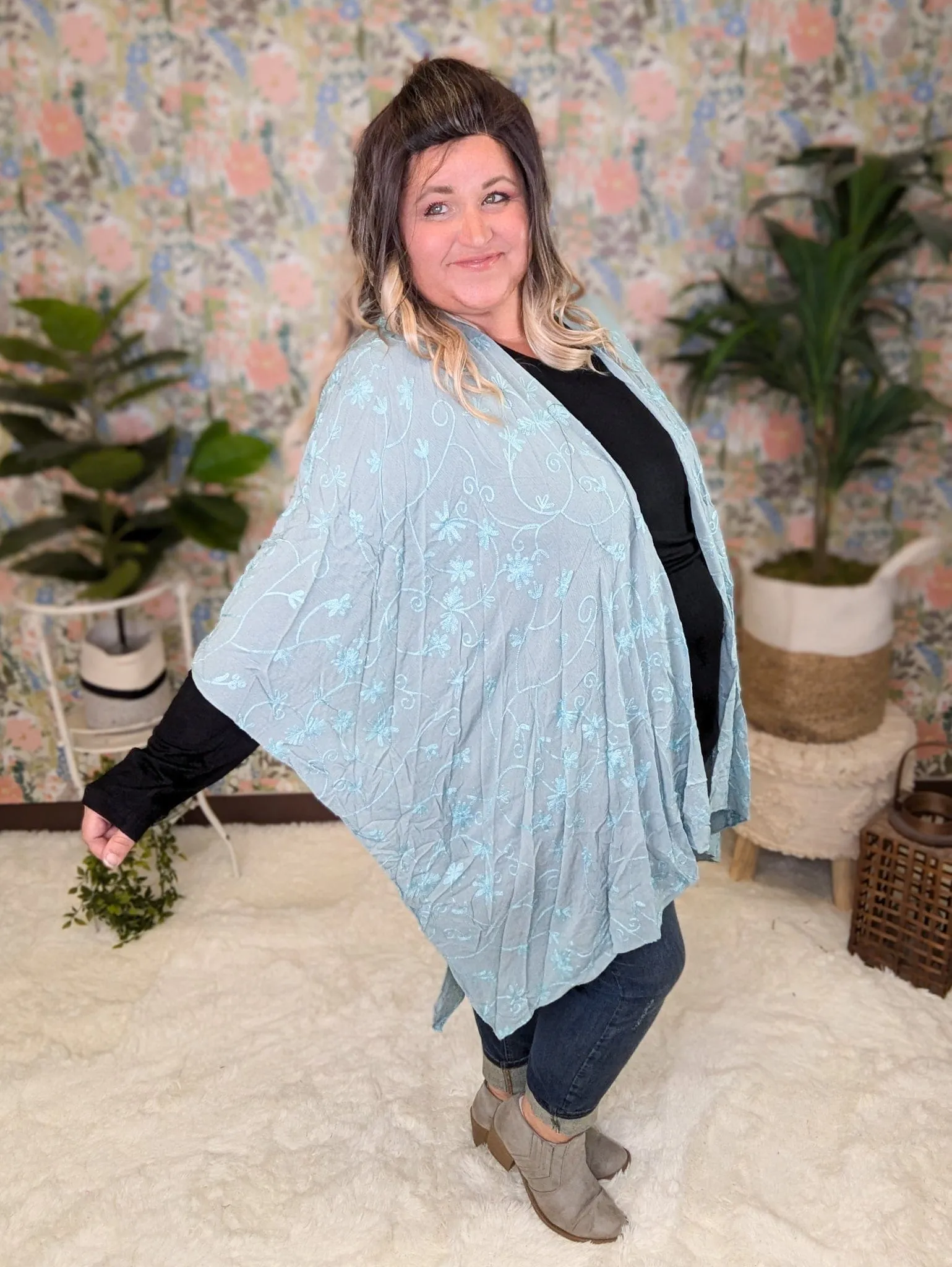 Iris Embroidered Floral Kimono in Faded Aqua