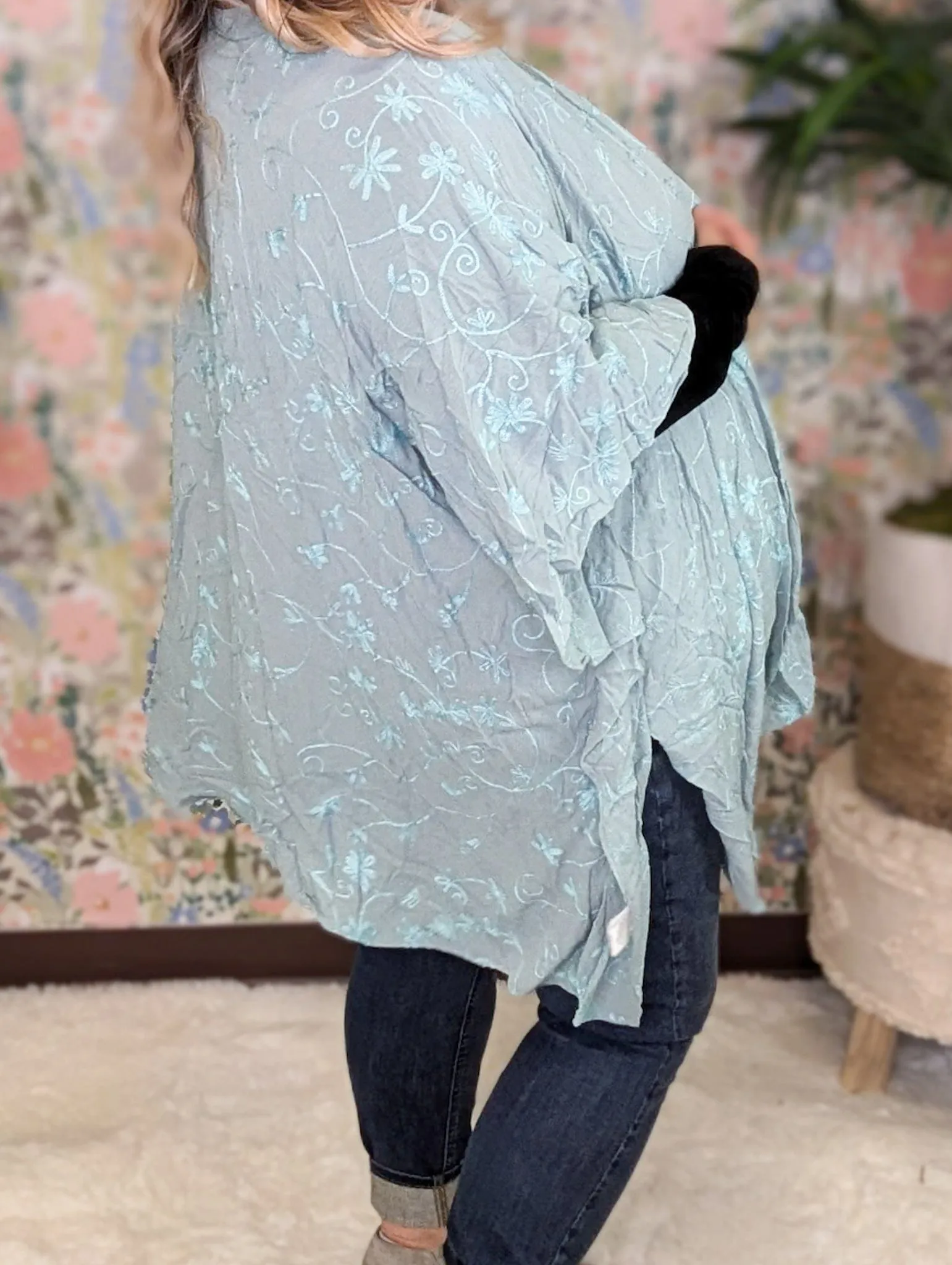 Iris Embroidered Floral Kimono in Faded Aqua