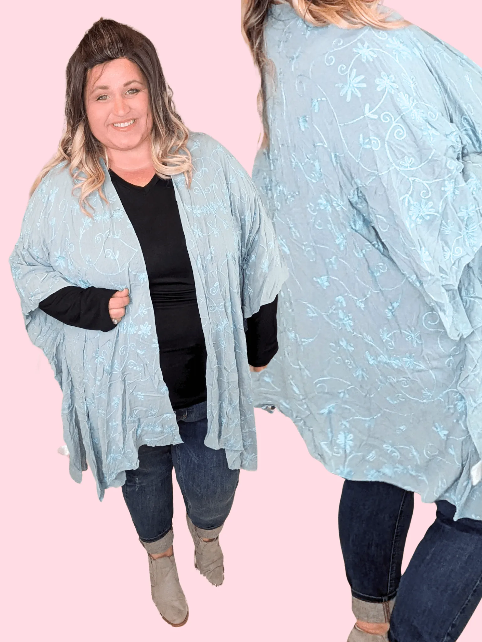 Iris Embroidered Floral Kimono in Faded Aqua