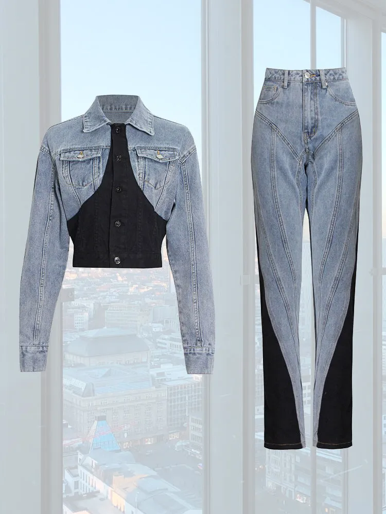 Irregular Design Denim Sets Hit Color Patchwork Denim Two Piece Sets