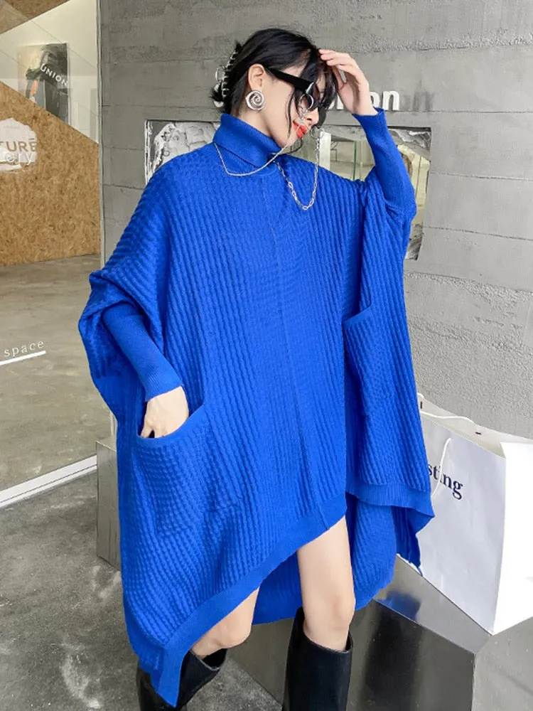 Irregular Hem Solid Dresses For Women Turtleneck Batwing Sleeve High Waist Pullover Loose Dress Female Fashion