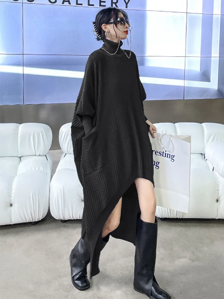 Irregular Hem Solid Dresses For Women Turtleneck Batwing Sleeve High Waist Pullover Loose Dress Female Fashion