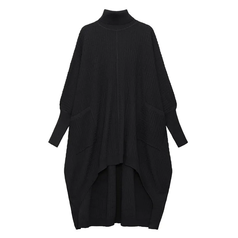 Irregular Hem Solid Dresses For Women Turtleneck Batwing Sleeve High Waist Pullover Loose Dress Female Fashion