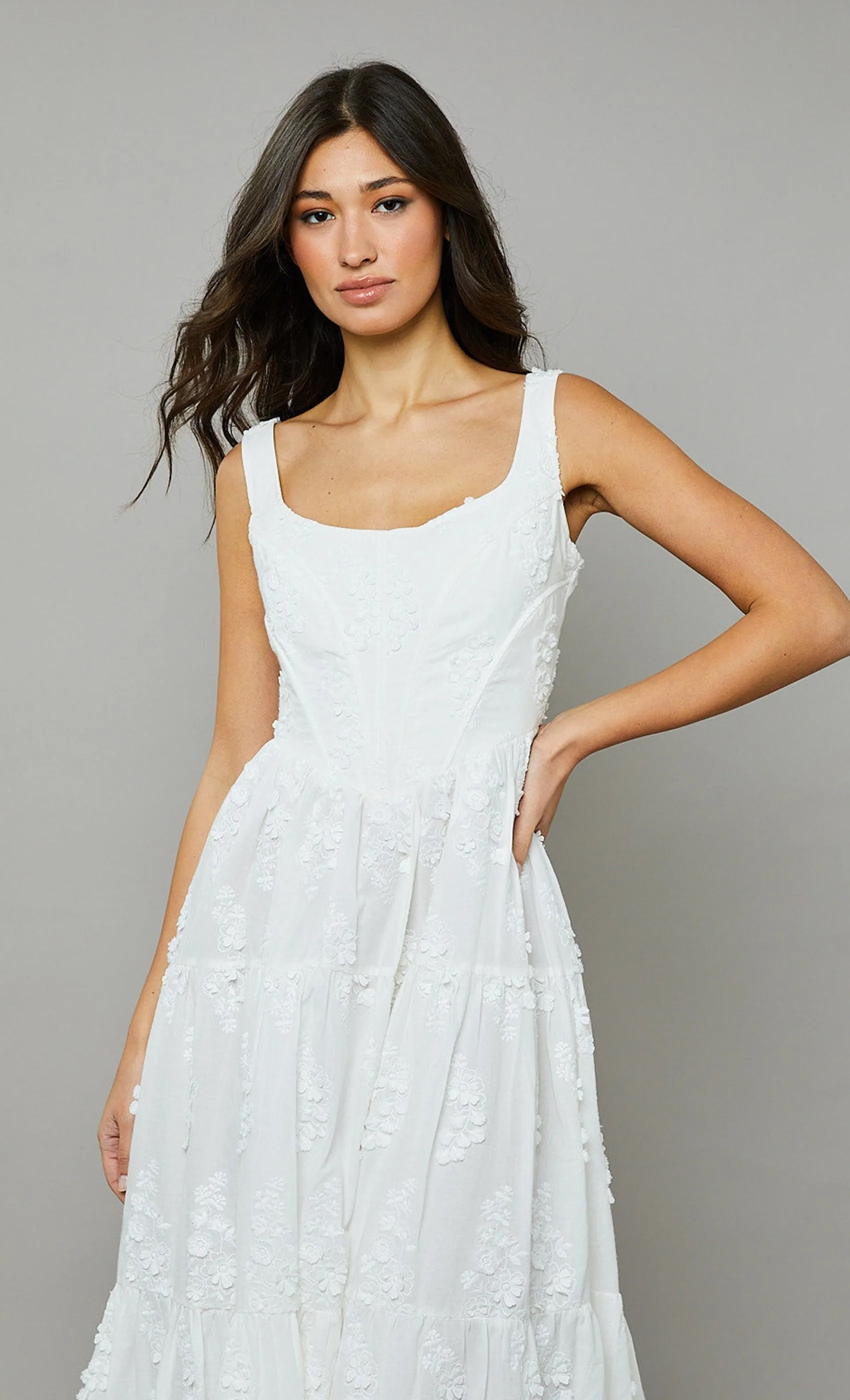 Ivory Embroidered Corset Midi Dress