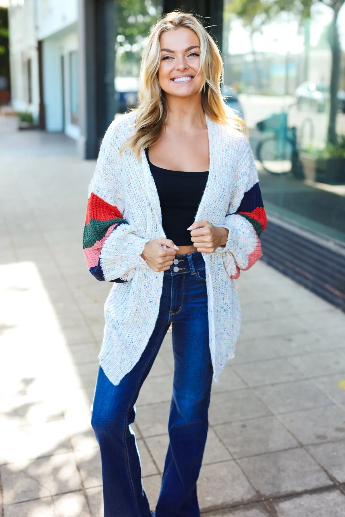 Ivory Multicolor Mixed Thread Bubble Sleeve Cardigan