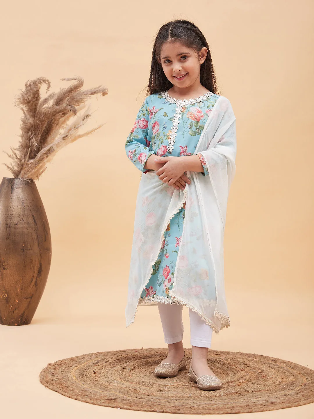 Jashvi Girls Aqua Blue Floral Printed Kurta With Leggings And Dupatta Set