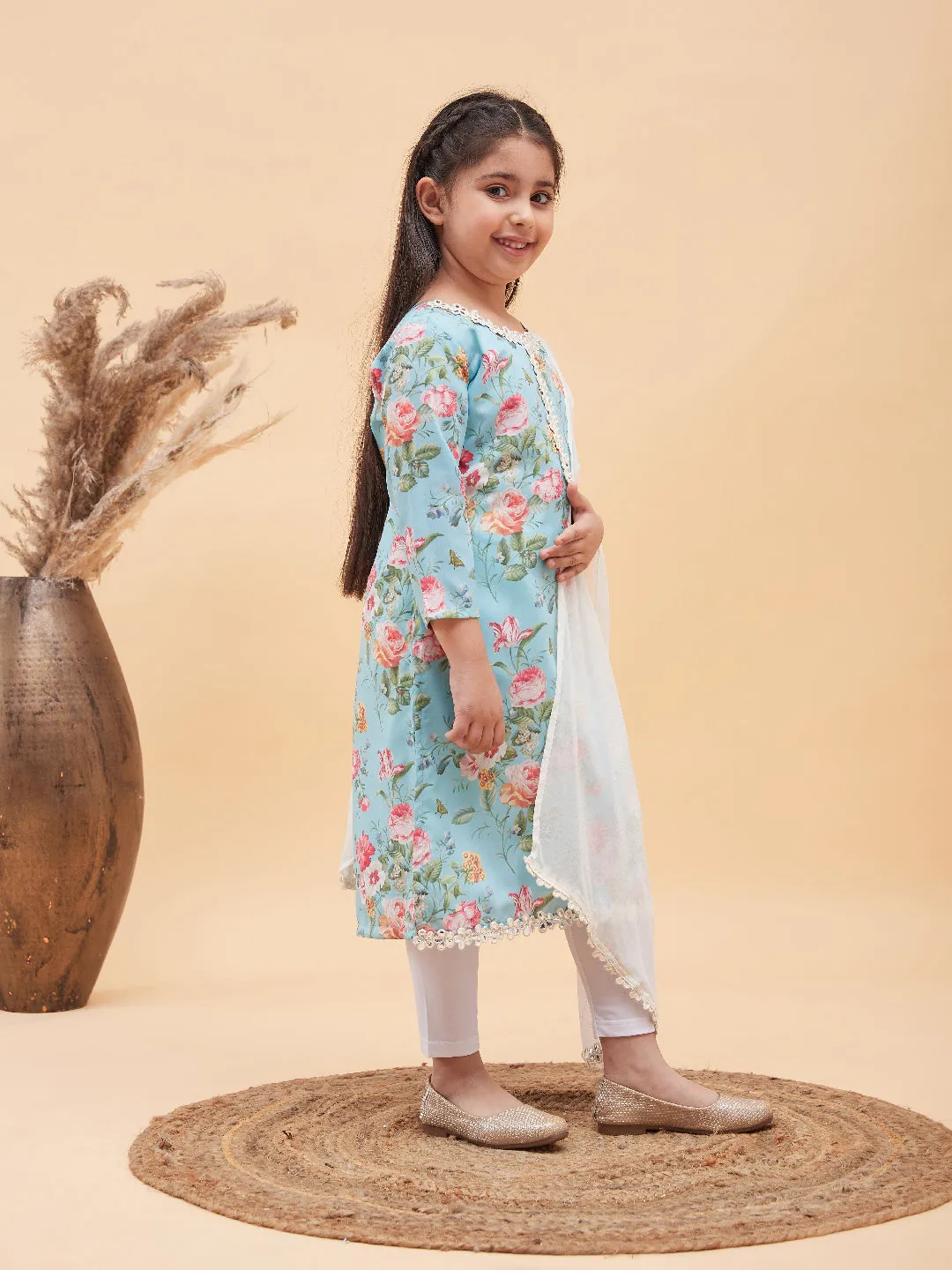 Jashvi Girls Aqua Blue Floral Printed Kurta With Leggings And Dupatta Set