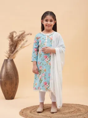 Jashvi Girls Aqua Blue Floral Printed Kurta With Leggings And Dupatta Set