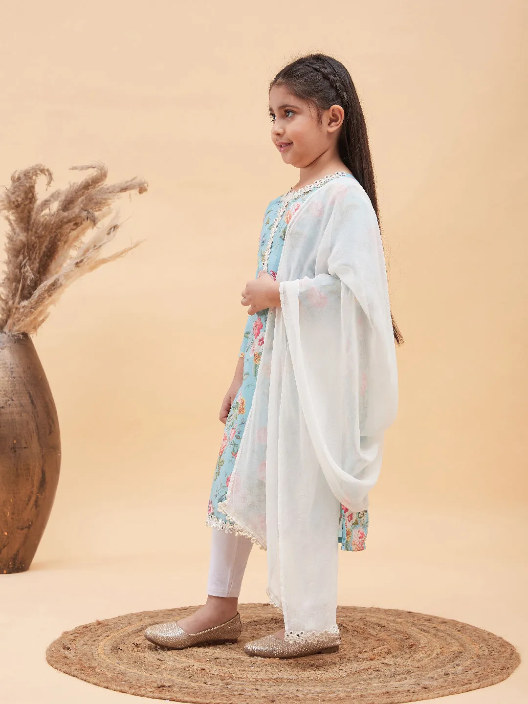 Jashvi Girls Aqua Blue Floral Printed Kurta With Leggings And Dupatta Set