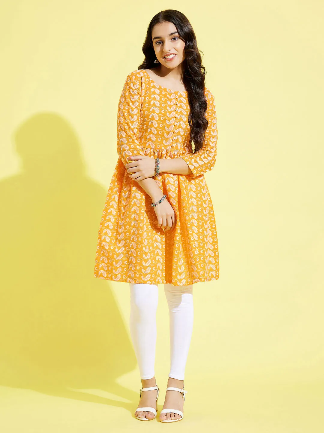 Jashvi Girl's Orange Pure Cotton Chikankari kurta With Leggings Set