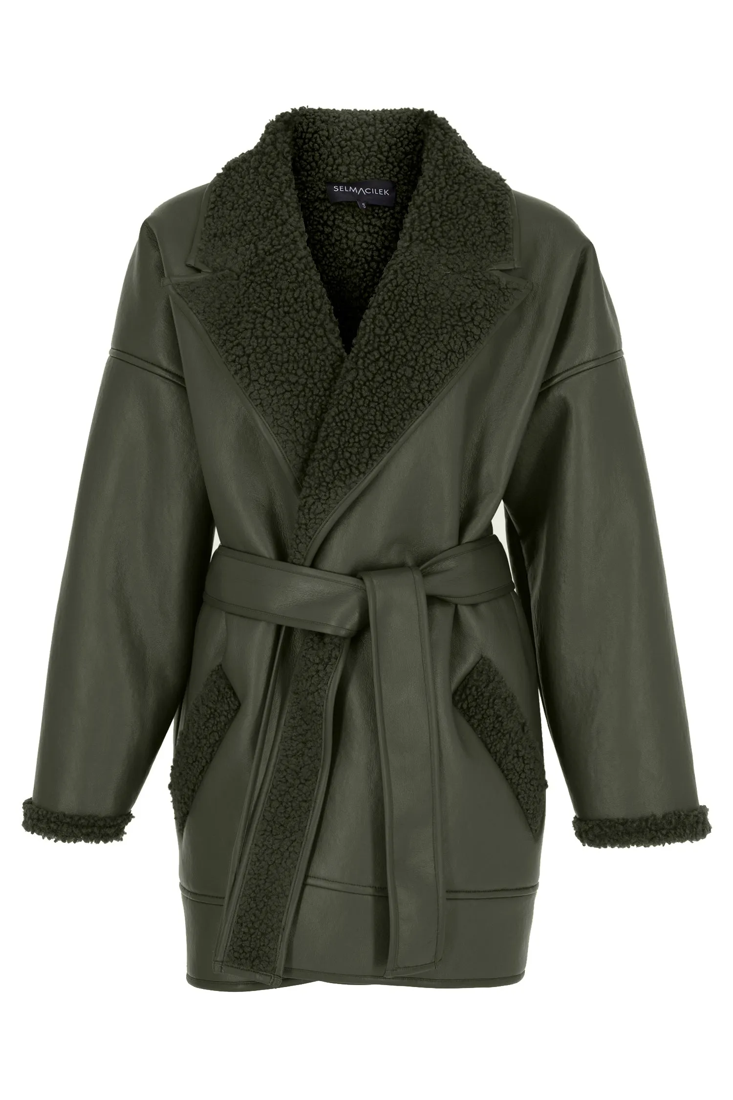 KHAKI VEGAN LEATHER TEDDY DETAILED COAT WITH TIE DETAIL