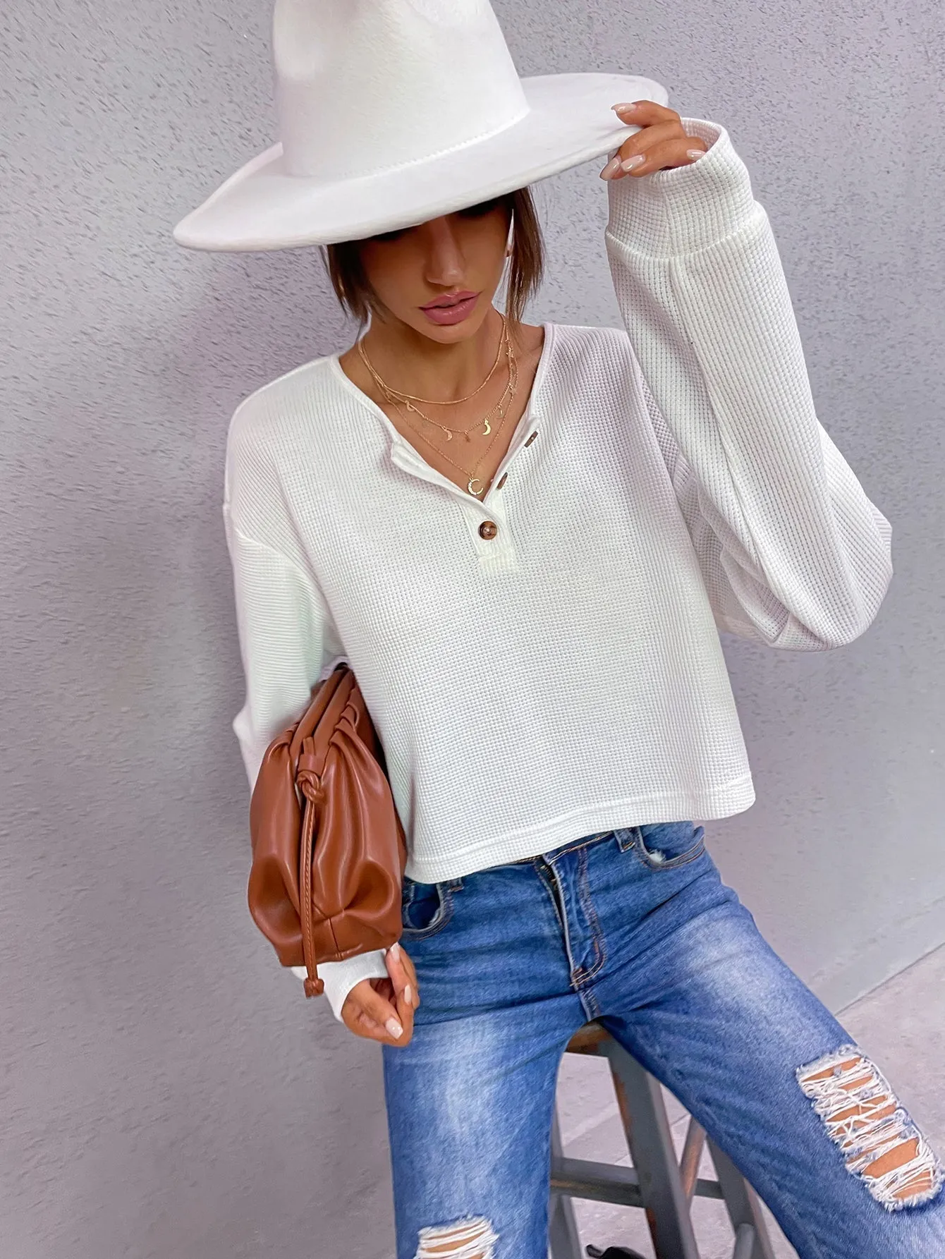 KittenAlarm - Women's Round/V Neck  Waffle Knit Tops Casual Long Sleeve Pullover Sweater Shirt