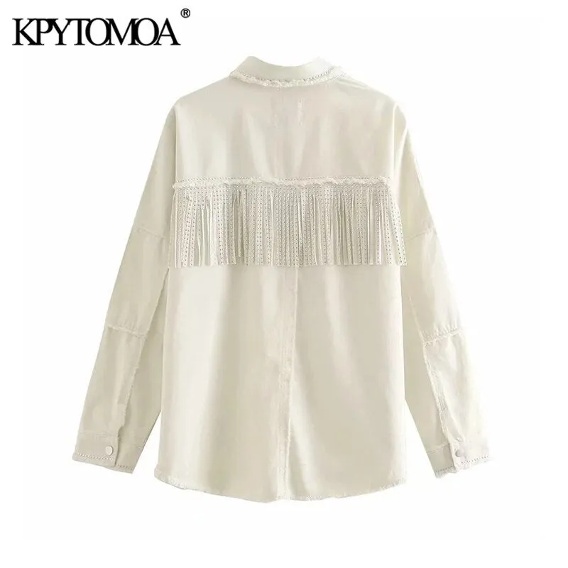 KPYTOMOA Women 2021 Fashion With Studs Fringed Oversized Denim Jacket Coat Vintage Long Sleeve Frayed Female Outerwear Chic Tops