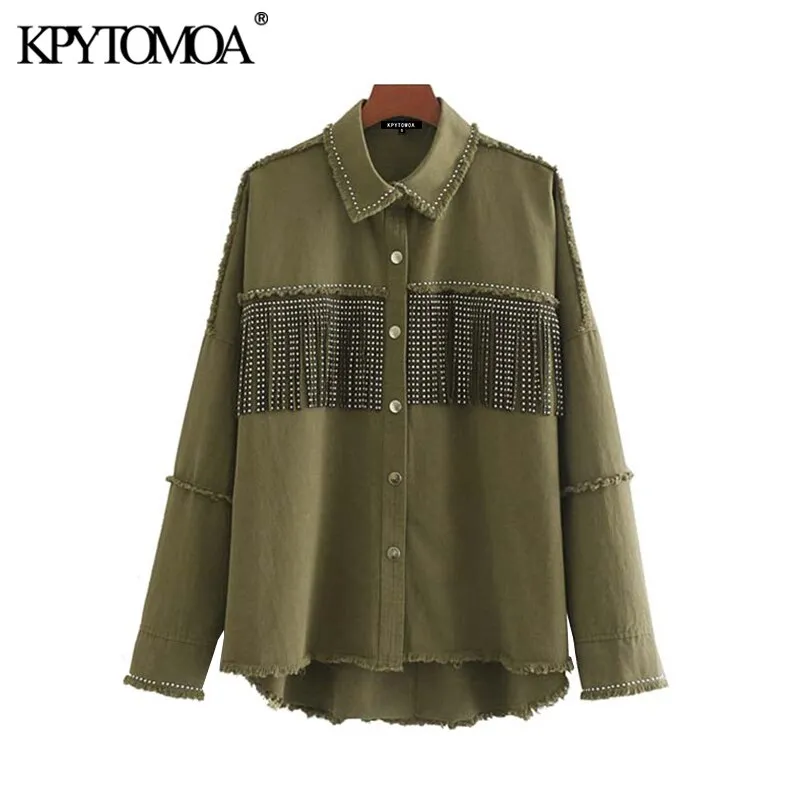 KPYTOMOA Women 2021 Fashion With Studs Fringed Oversized Denim Jacket Coat Vintage Long Sleeve Frayed Female Outerwear Chic Tops