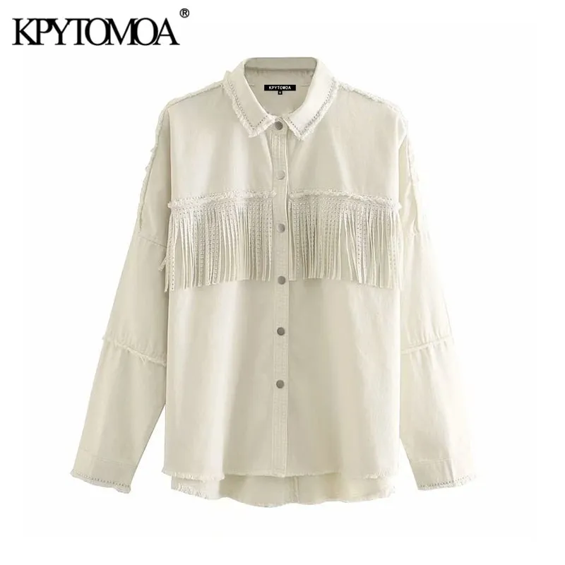 KPYTOMOA Women 2021 Fashion With Studs Fringed Oversized Denim Jacket Coat Vintage Long Sleeve Frayed Female Outerwear Chic Tops