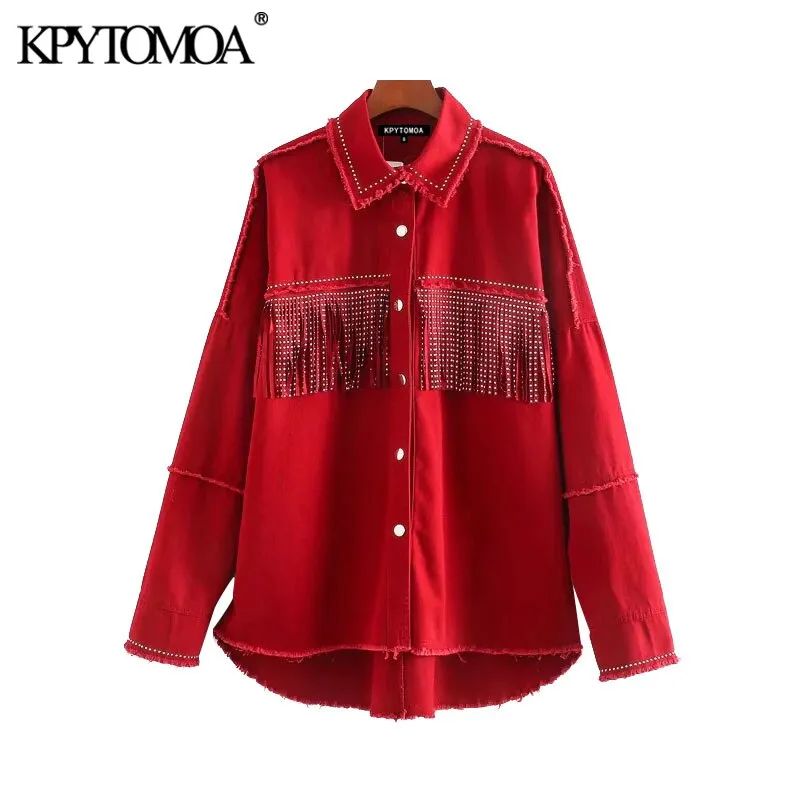 KPYTOMOA Women 2021 Fashion With Studs Fringed Oversized Denim Jacket Coat Vintage Long Sleeve Frayed Female Outerwear Chic Tops