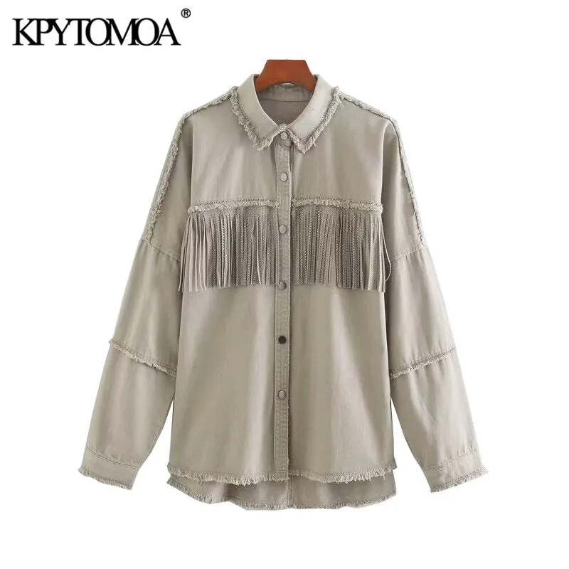 KPYTOMOA Women 2021 Fashion With Studs Fringed Oversized Denim Jacket Coat Vintage Long Sleeve Frayed Female Outerwear Chic Tops