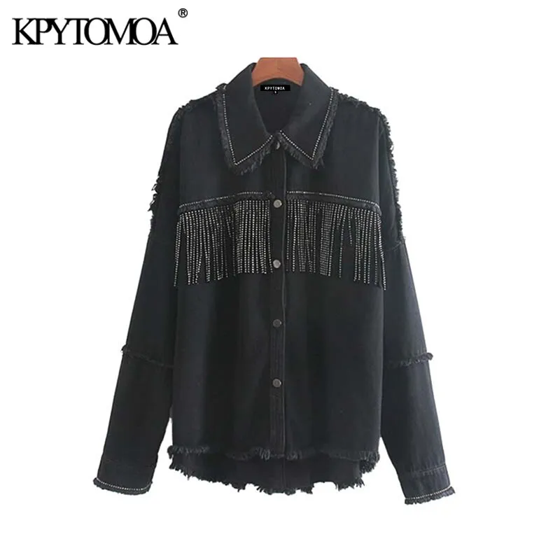 KPYTOMOA Women 2021 Fashion With Studs Fringed Oversized Denim Jacket Coat Vintage Long Sleeve Frayed Female Outerwear Chic Tops