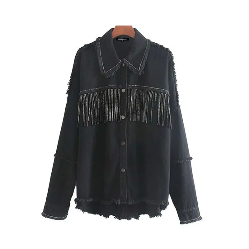 KPYTOMOA Women 2021 Fashion With Studs Fringed Oversized Denim Jacket Coat Vintage Long Sleeve Frayed Female Outerwear Chic Tops