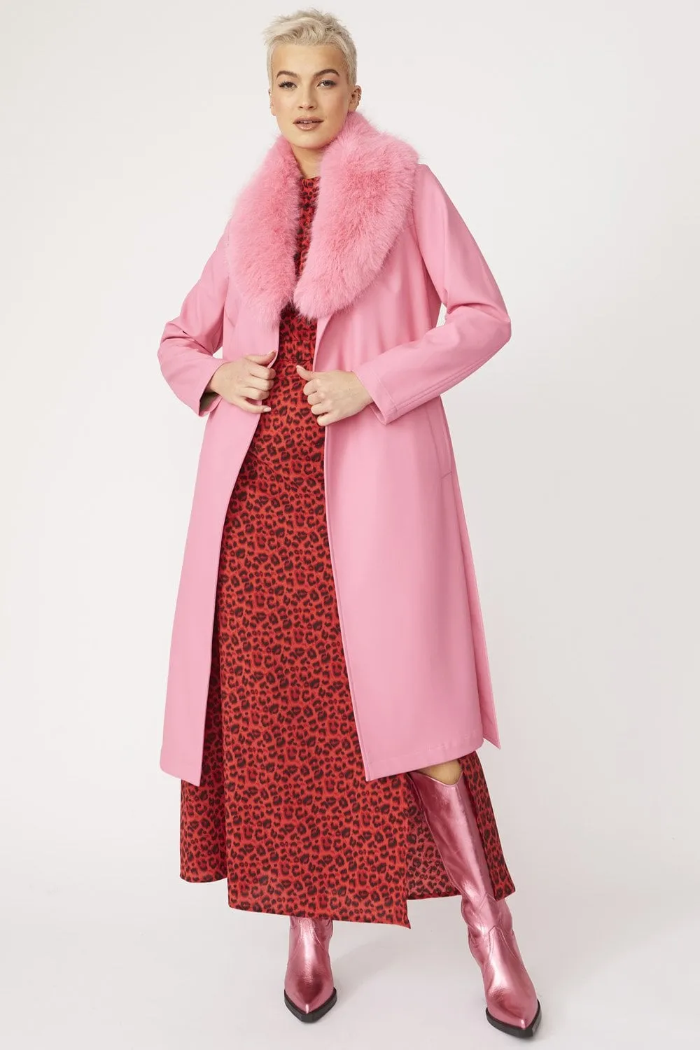 Ladies Pink Eco Leather Trench Coat