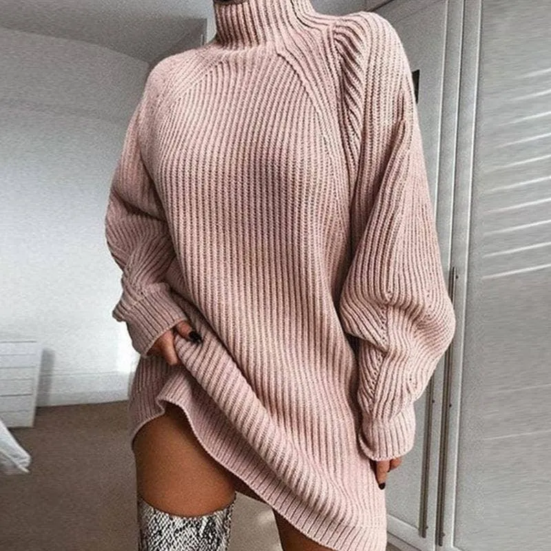 Ladies Solid Long Sleeves Mock Neck Dress YL1307