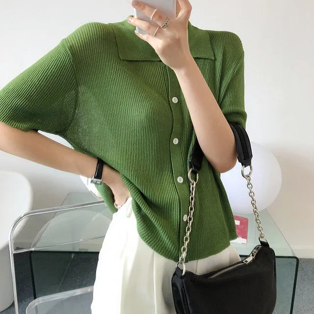 Lapel Solid Color Polos' Top Women's Thin Short-sleeved T-shirt Air-conditioned Shirt Cardigan Top