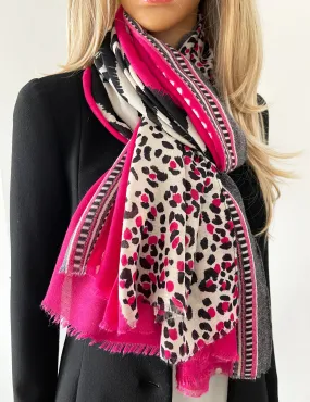 LARGE FUCHSIA PINK TIGER AND LEOPARD PRINT SHAWL SCARF