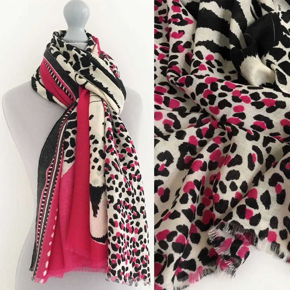 LARGE FUCHSIA PINK TIGER AND LEOPARD PRINT SHAWL SCARF