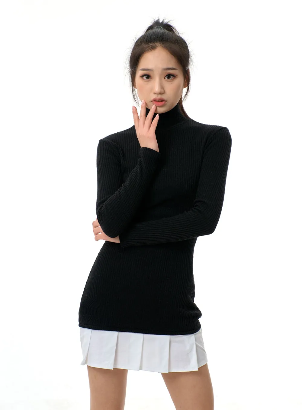 Layered Pleated Turtleneck Knit Mini Dress BJ312