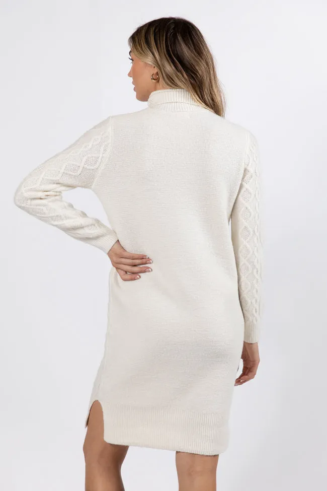 Let's Go Places Ivory Cable Knit Turtleneck Dress