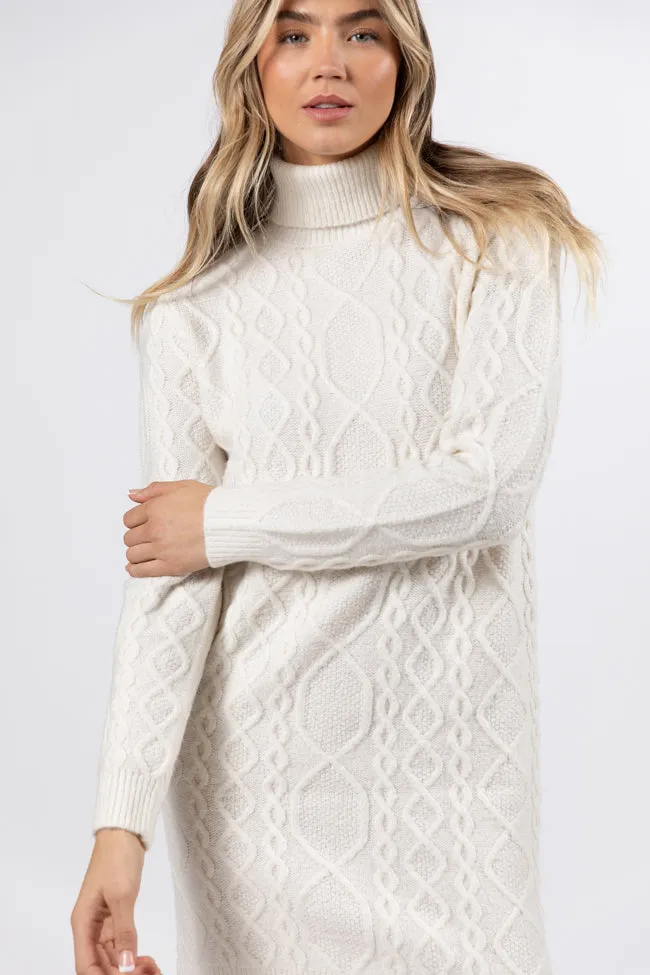 Let's Go Places Ivory Cable Knit Turtleneck Dress