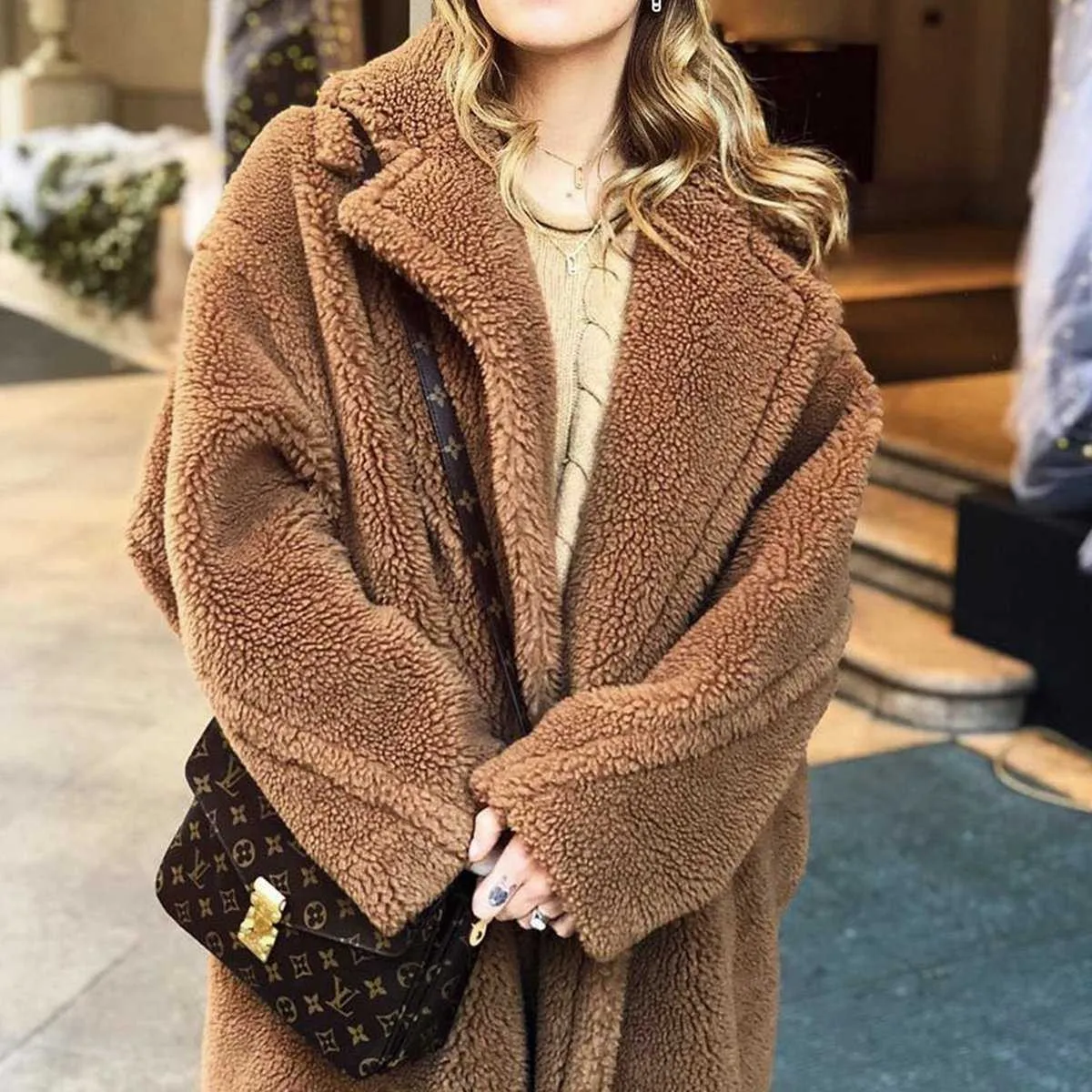 Long Faux Fur Camel Teddy Coat Maxi Jackets