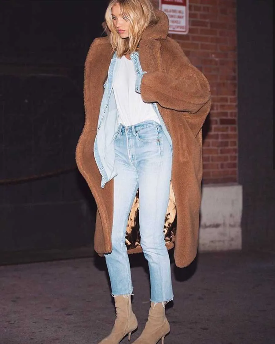 Long Faux Fur Camel Teddy Coat Maxi Jackets