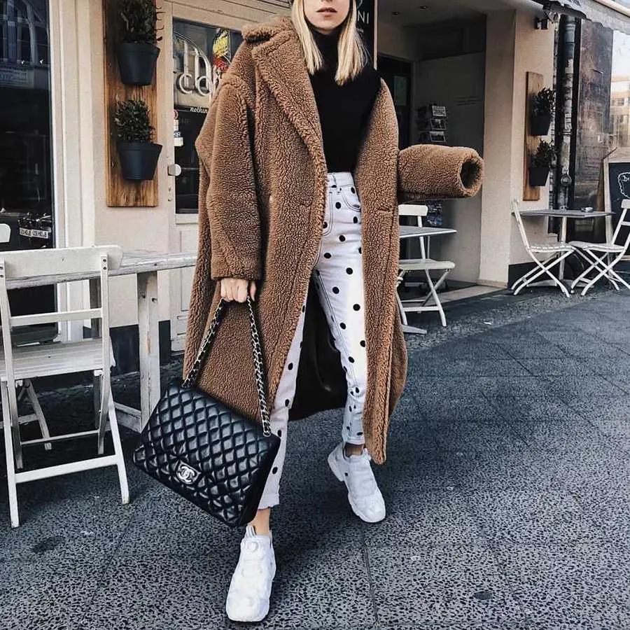 Long Faux Fur Camel Teddy Coat Maxi Jackets