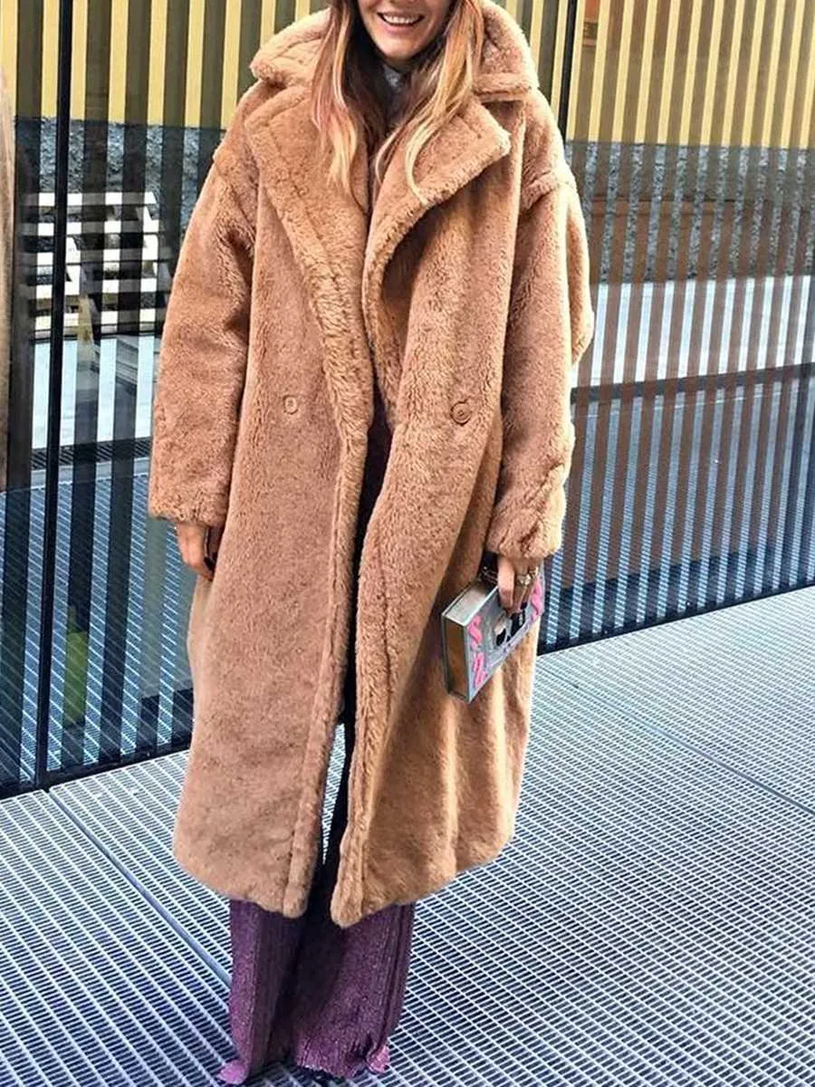 Long Faux Fur Camel Teddy Coat Maxi Jackets