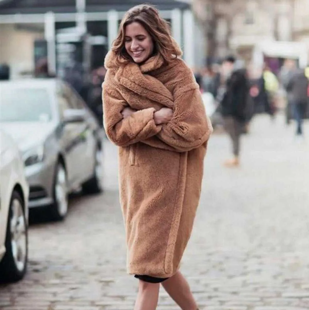 Long Faux Fur Camel Teddy Coat Maxi Jackets