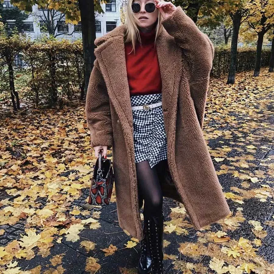 Long Faux Fur Camel Teddy Coat Maxi Jackets