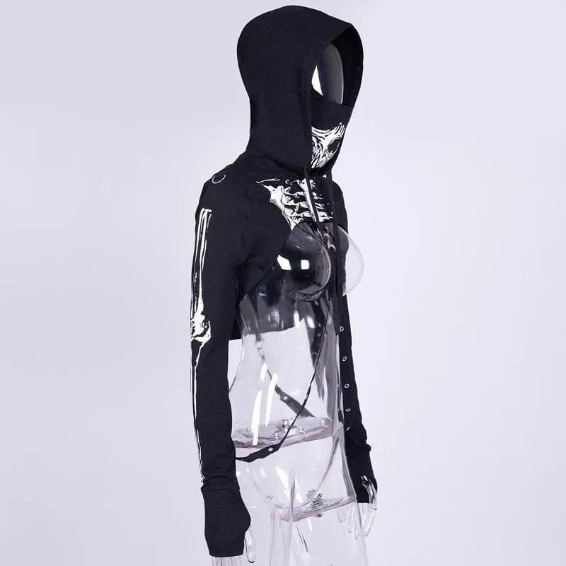 Long sleeve hoodie skeleton print buckle gloves contrast shrug top