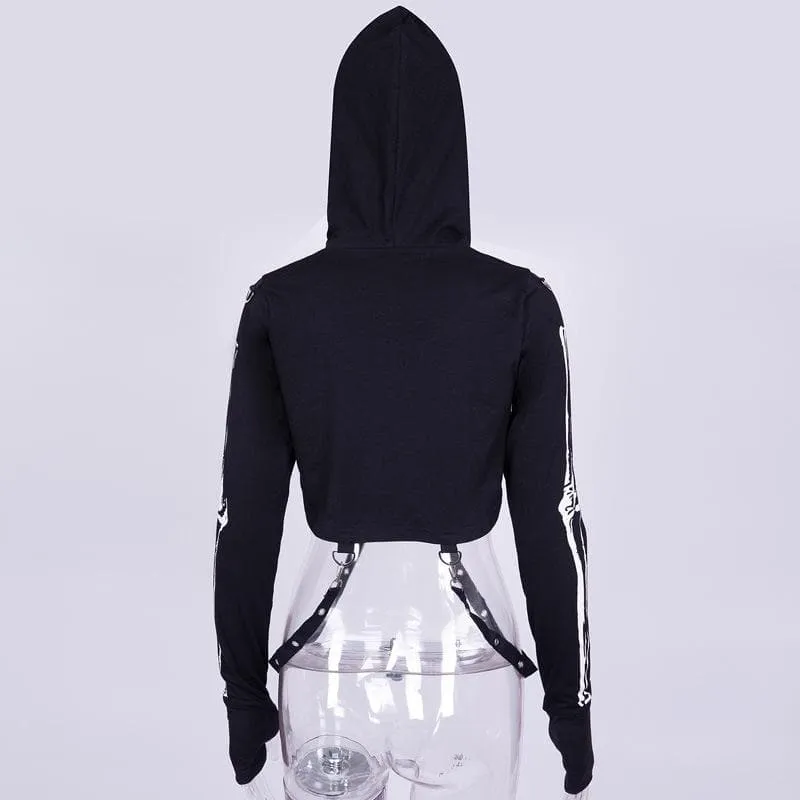 Long sleeve hoodie skeleton print buckle gloves contrast shrug top