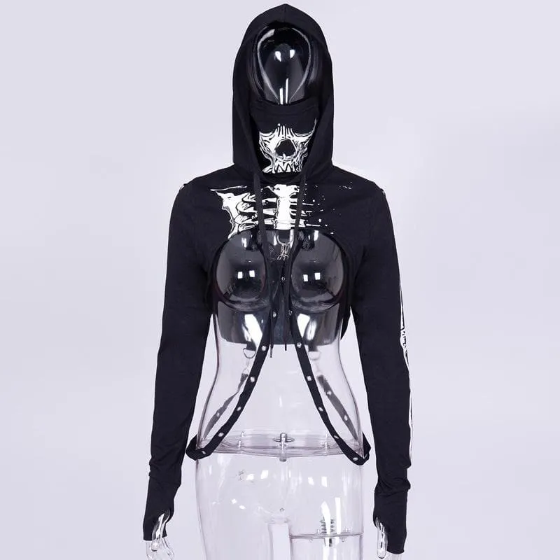 Long sleeve hoodie skeleton print buckle gloves contrast shrug top