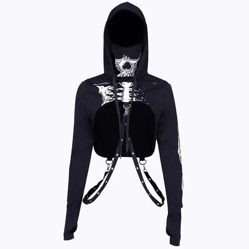 Long sleeve hoodie skeleton print buckle gloves contrast shrug top