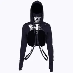 Long sleeve hoodie skeleton print buckle gloves contrast shrug top