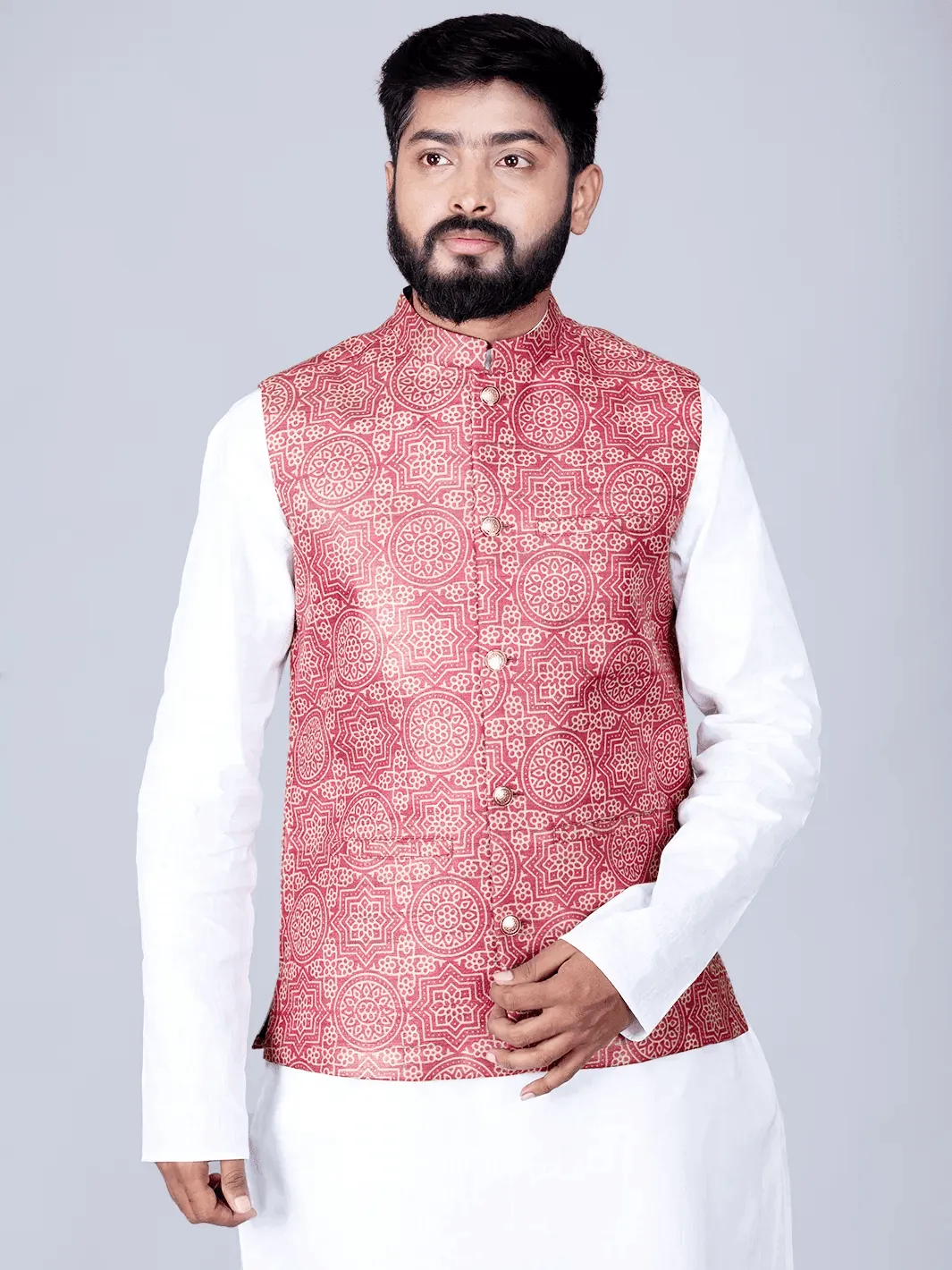 Maroon Printed Ghicha Silk Modi Jacket