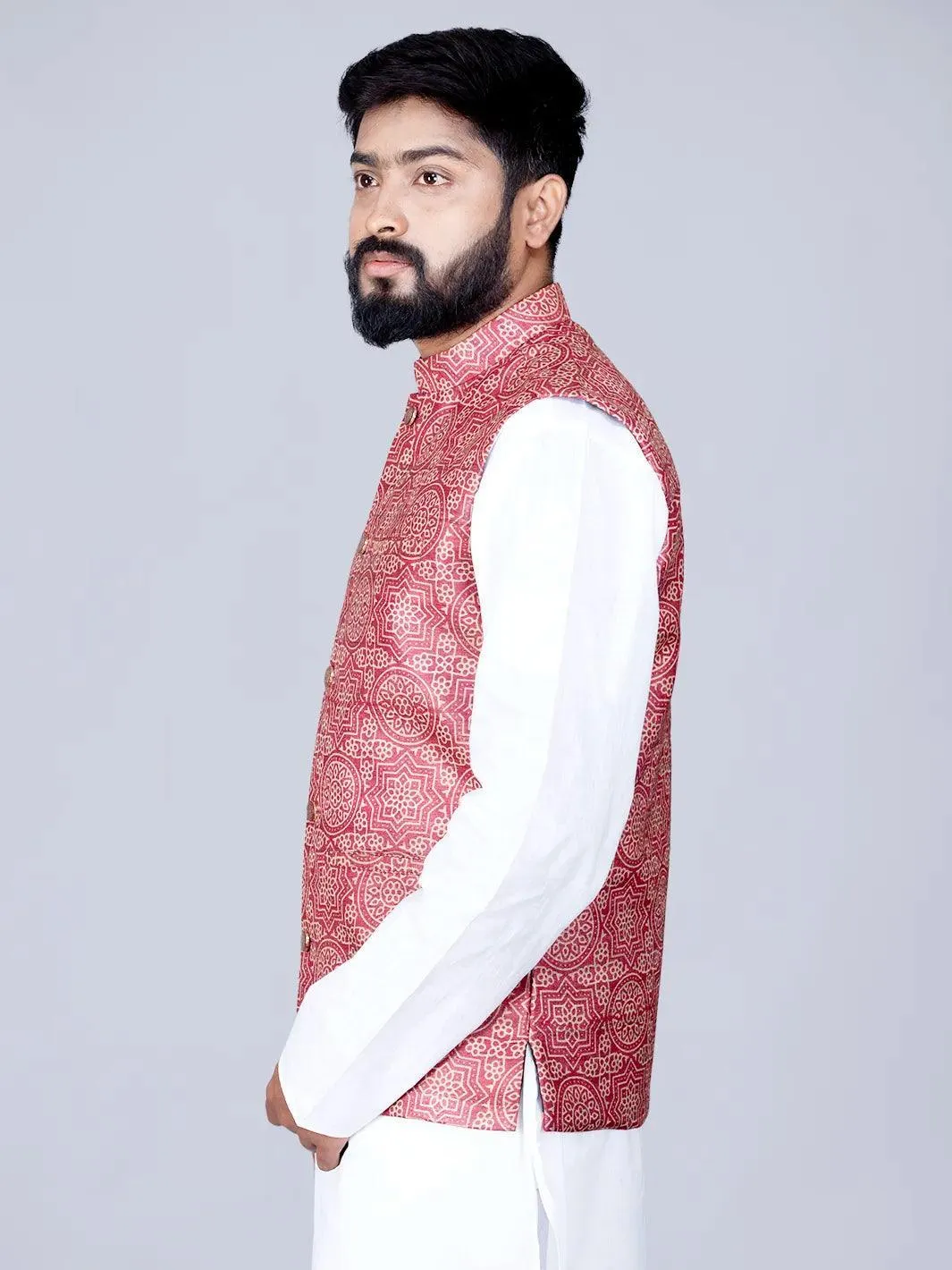 Maroon Printed Ghicha Silk Modi Jacket