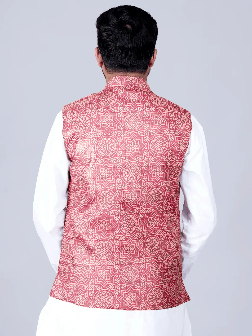 Maroon Printed Ghicha Silk Modi Jacket