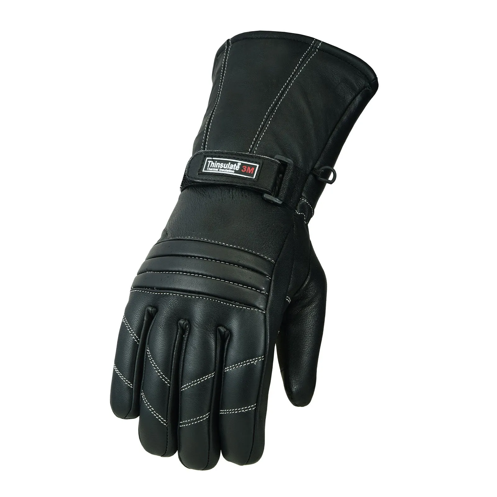 Men Genuine Sheep Leather Biker Gloves With Thinsulate Liner - Black with white Thread