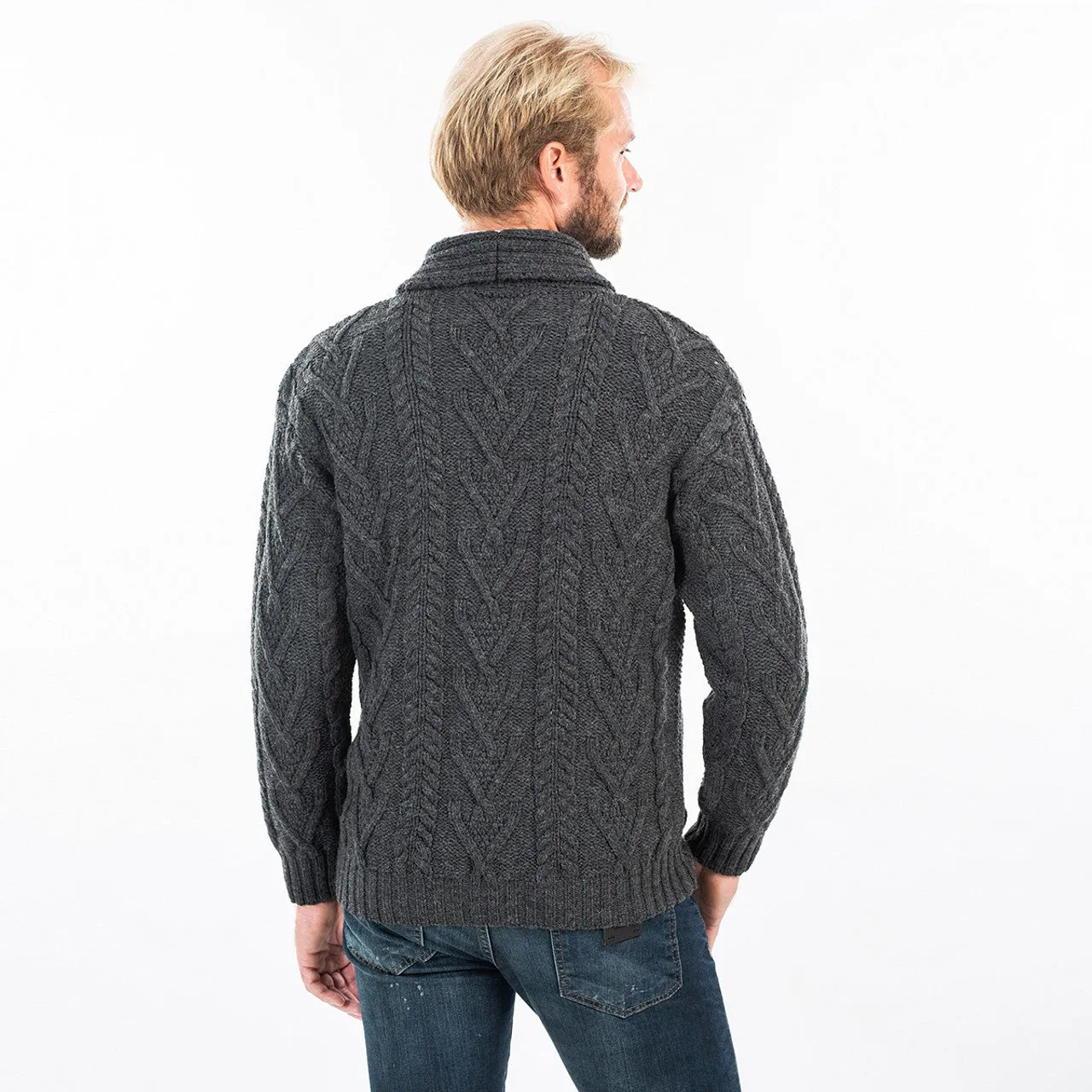 Men's Aran Cable Shawl Collar Cardigan - Charcoal